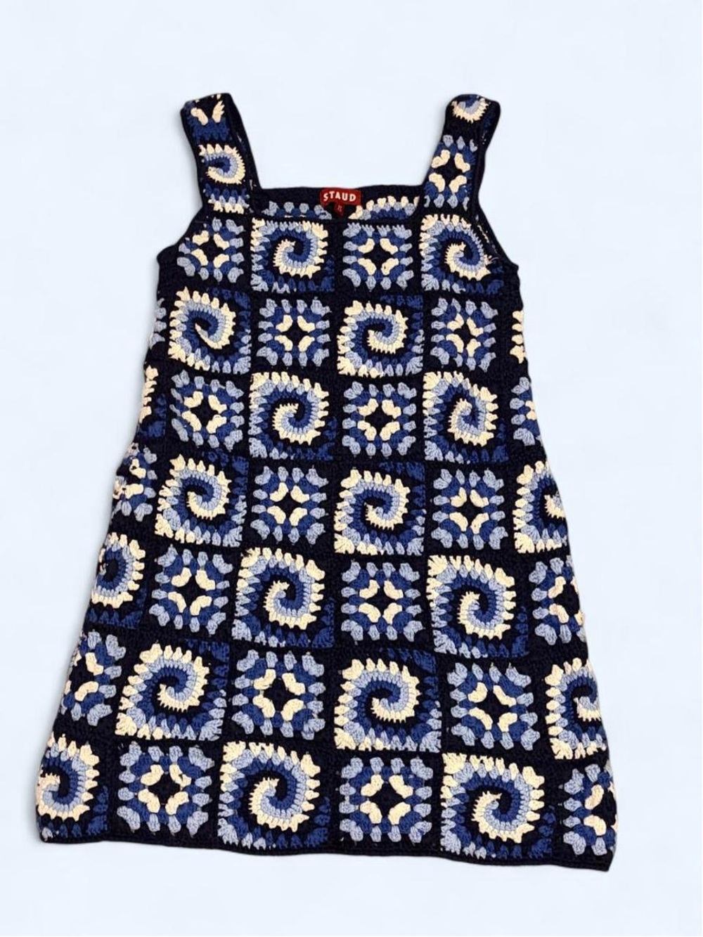 STAUD Navy Blue Crochet Square-Pattern Dress with Cream and Light Blue Accents